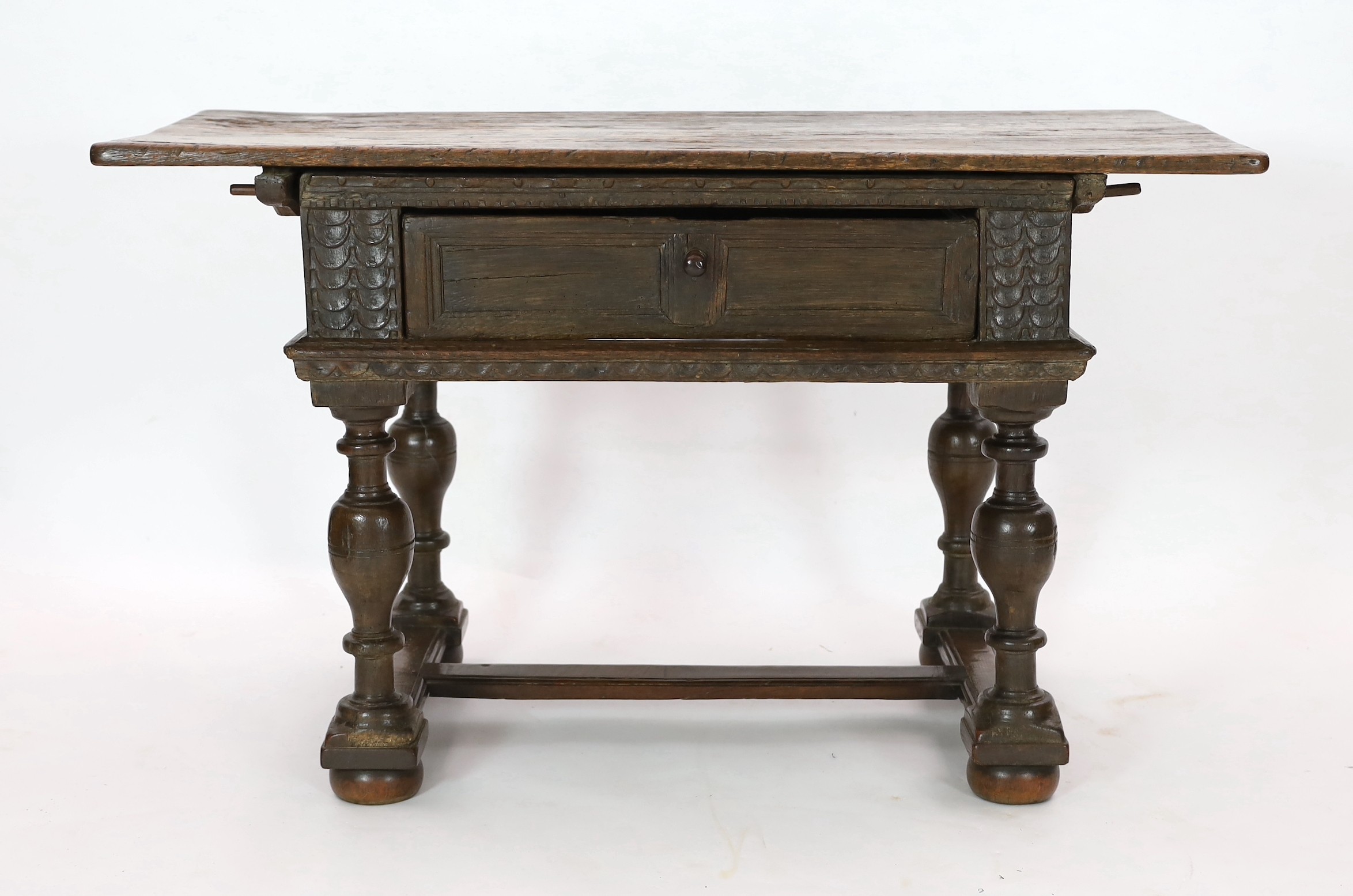 A late 17th century Dutch oak side table, width 132cm, depth 65cm, height 79cm